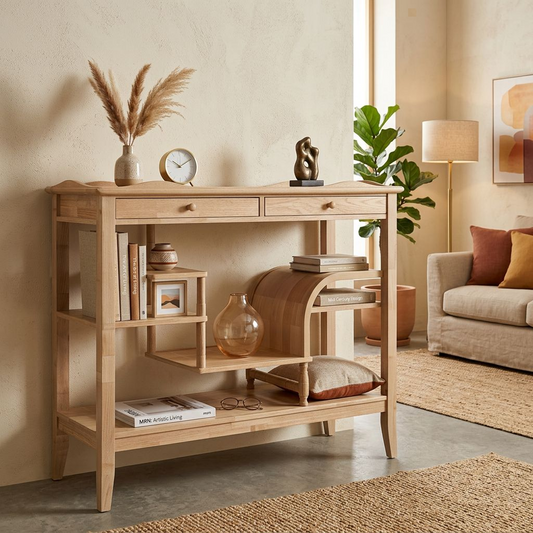 Light Oak Console Table with Multi-Level Shelves