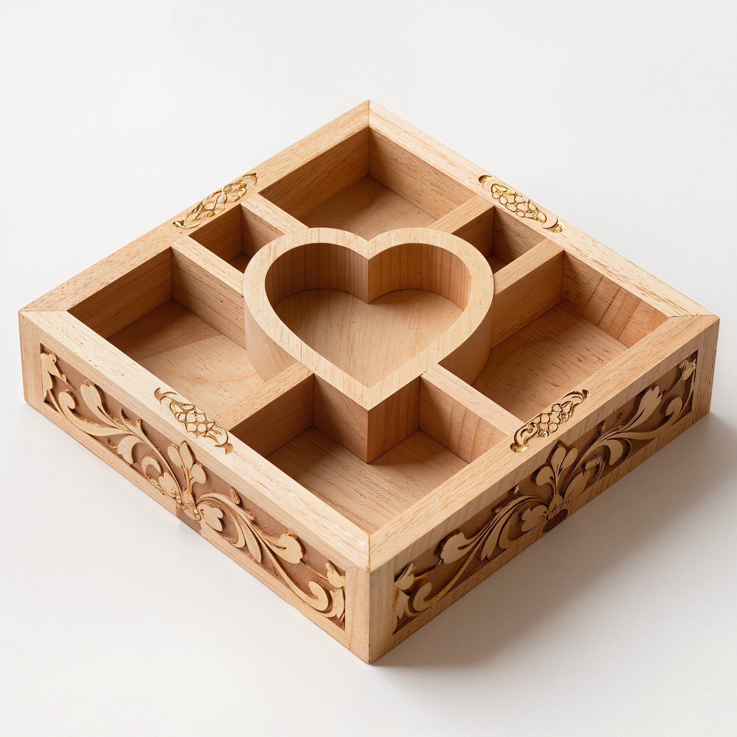 Carved Wooden Divided Tray with Heart Center