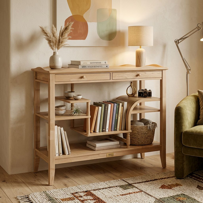 Light Oak Console Table with Multi-Level Shelves