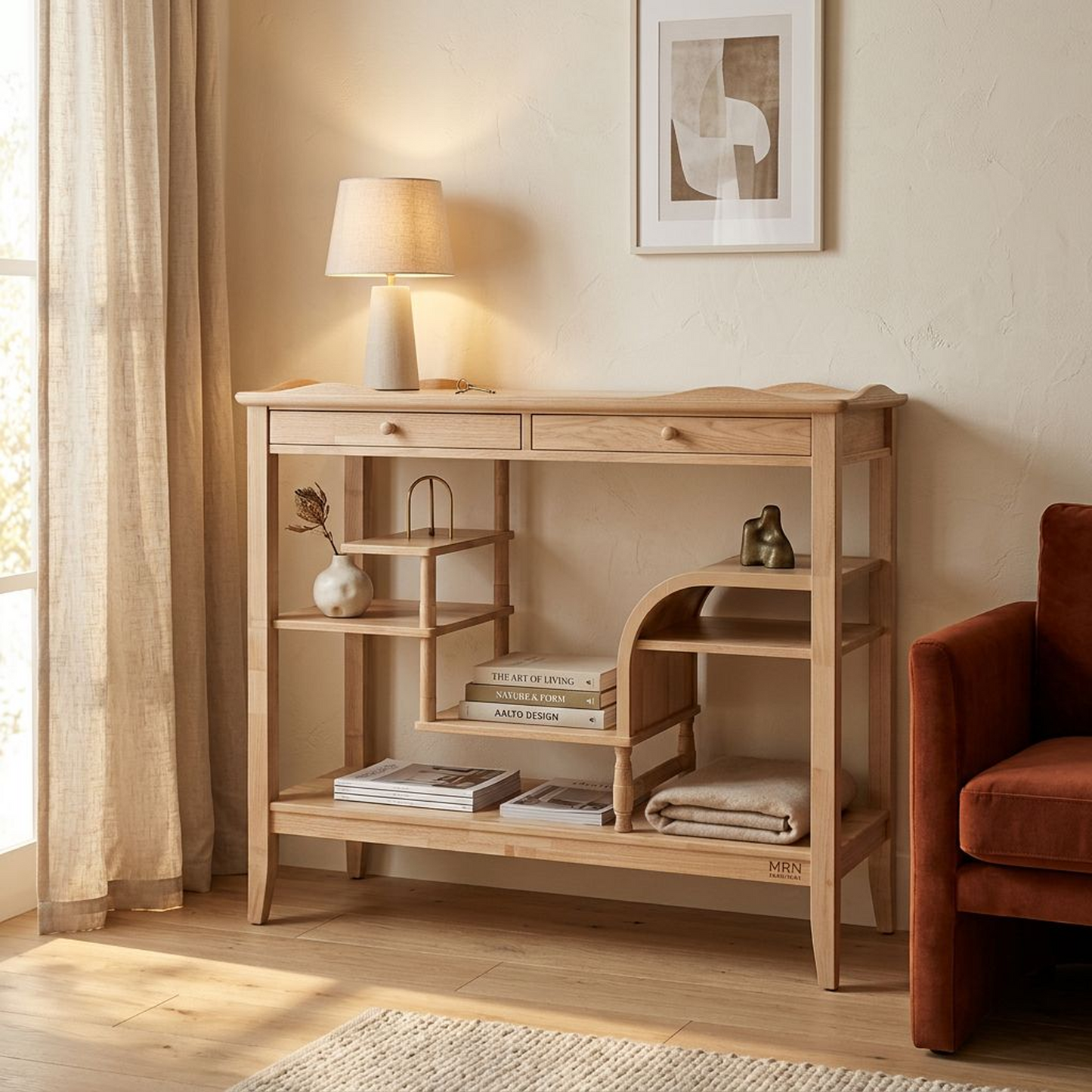 Light Oak Console Table with Multi-Level Shelves