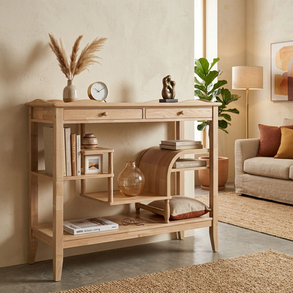 Light Oak Console Table with Multi-Level Shelves