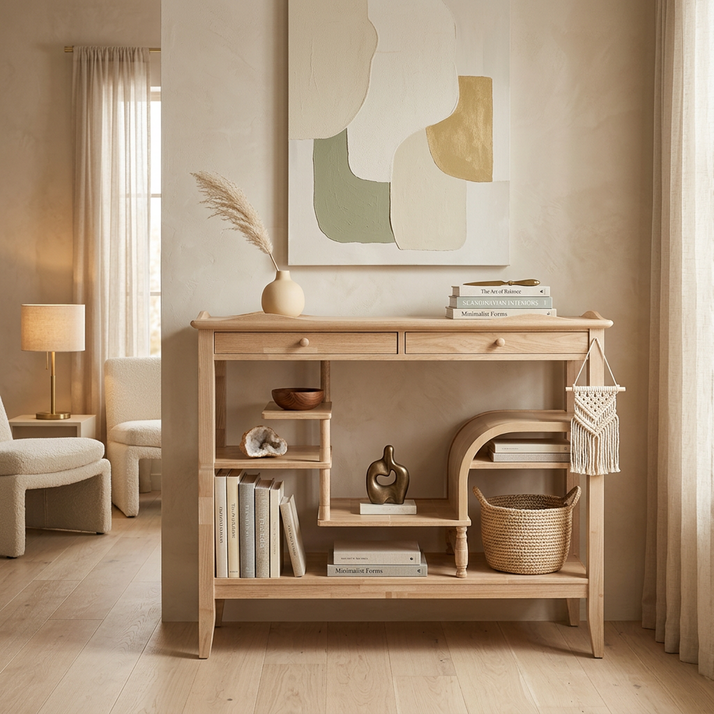 Light Oak Console Table with Multi-Level Shelves