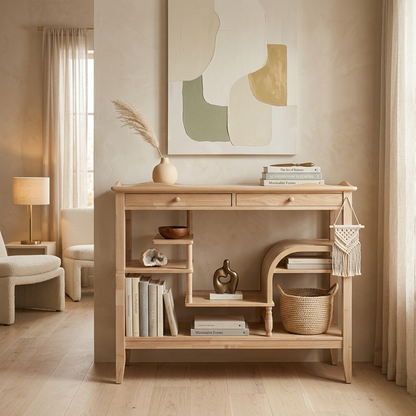Light Oak Console Table with Multi-Level Shelves