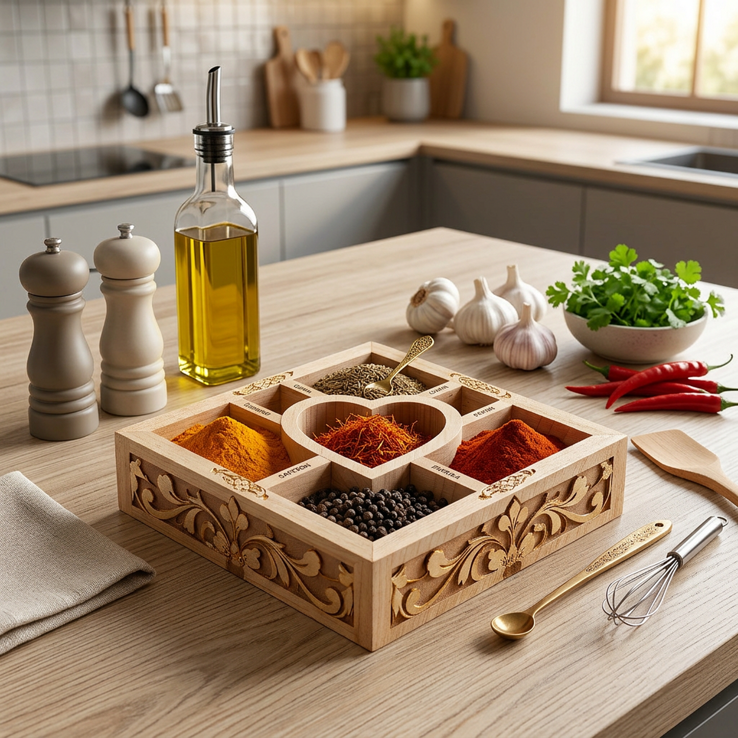 Carved Wooden Divided Tray with Heart Center