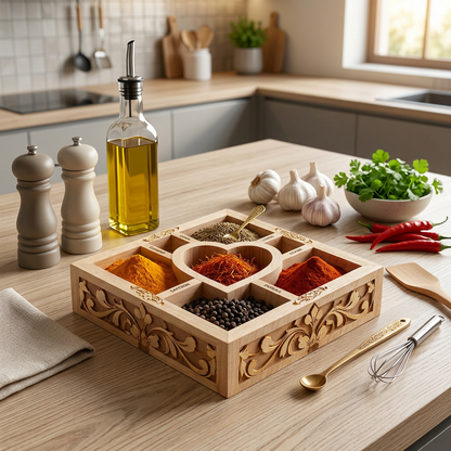 Carved Wooden Divided Tray with Heart Center