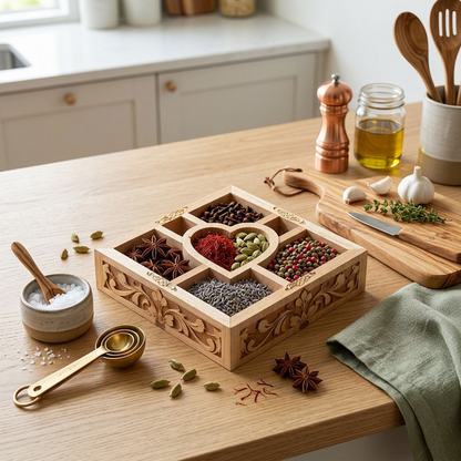 Carved Wooden Divided Tray with Heart Center