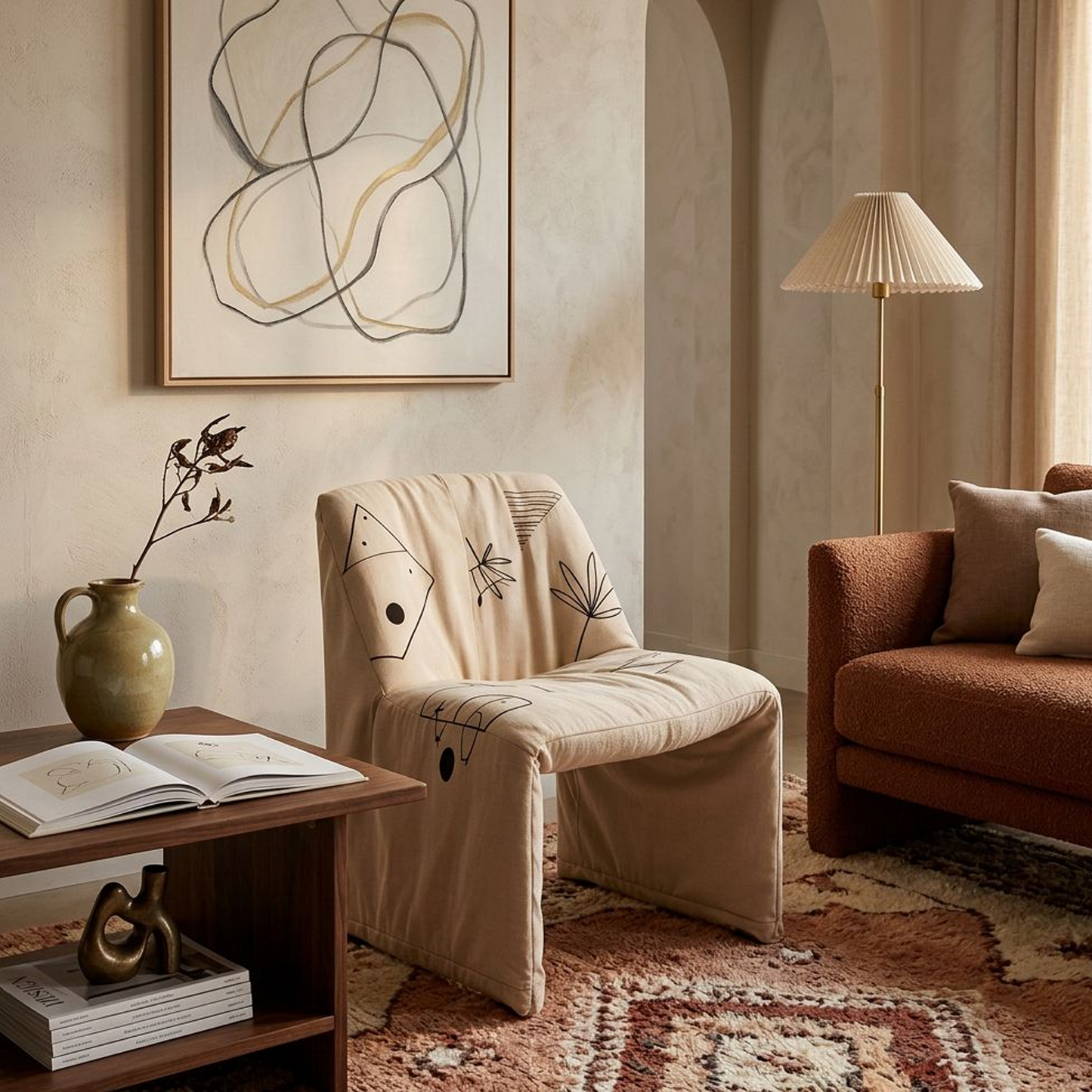 Abstract Sketch Print Slipcover Chair